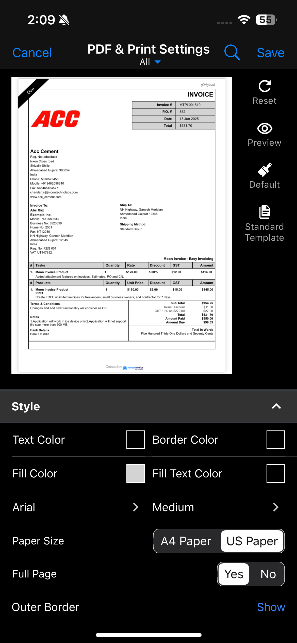Standard Business Template & Template Selection